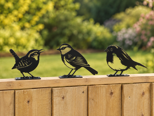 Set of 3 Metal Bird Fence Toppers – Wren, Robin & Blue Tit Garden Decorations