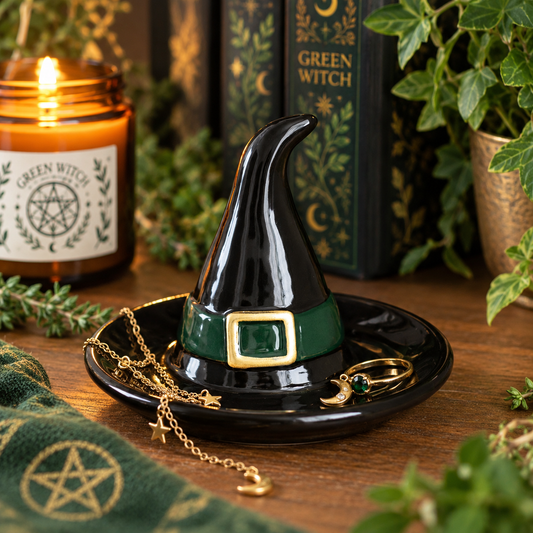Green Witch Hat Trinket Dish – Black Ceramic Jewellery Holder