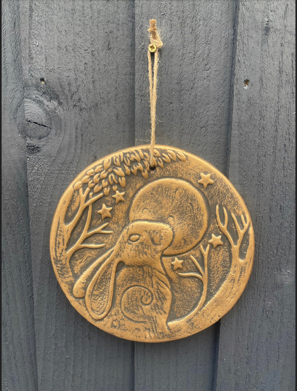 Moon Gazing Hare Bronze Terracotta Hanging Garden Wall Plaque