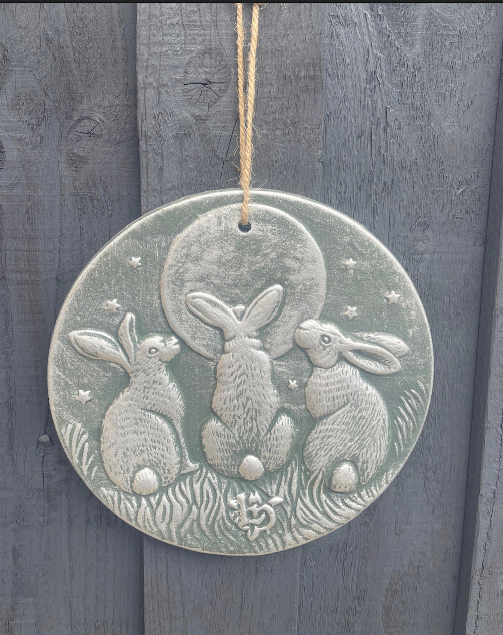 Moon Gazing Hares Terracotta Hanging Garden Wall Plaque Bronze or Silver