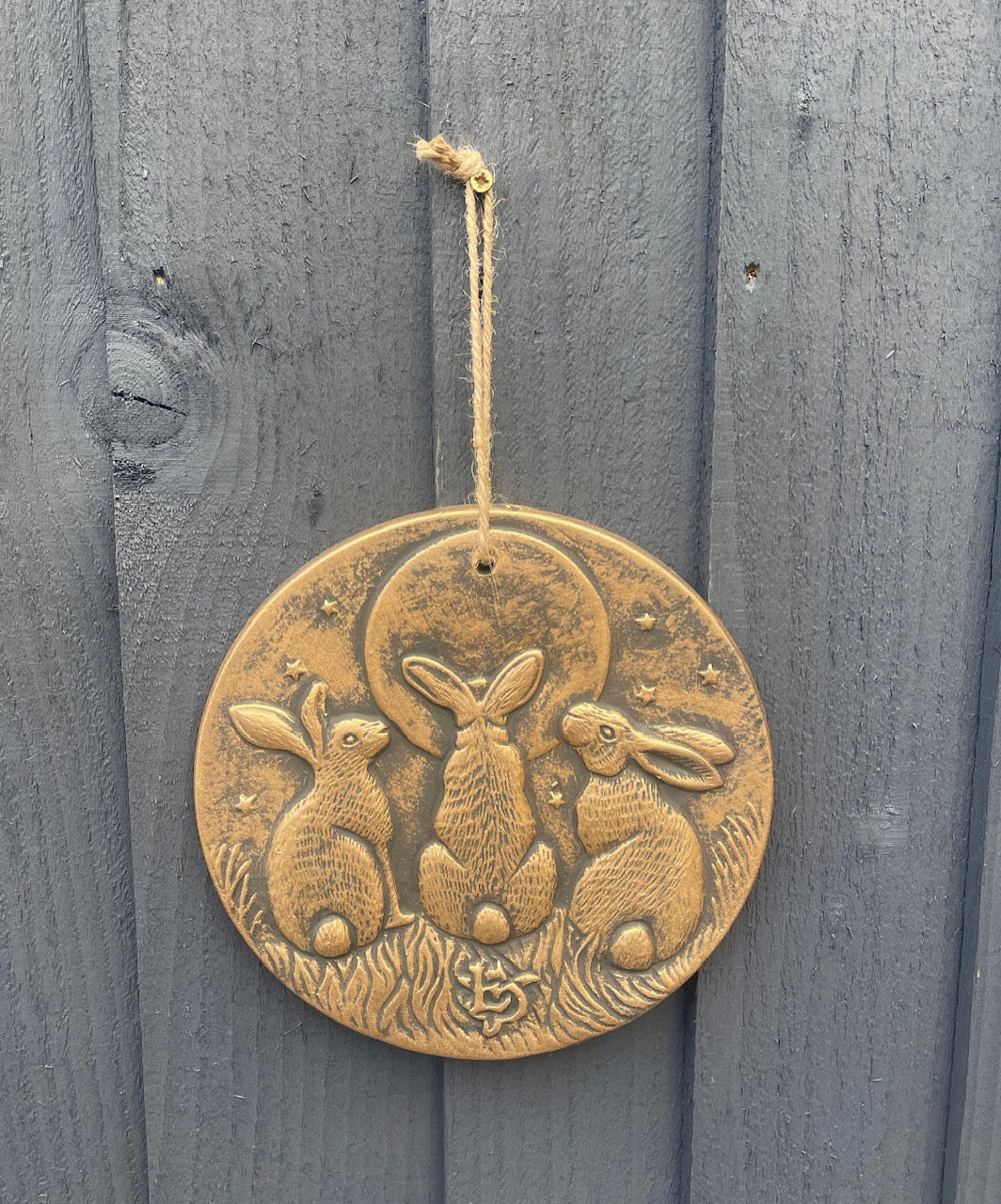 Moon Gazing Hares Terracotta Hanging Garden Wall Plaque Bronze or Silver