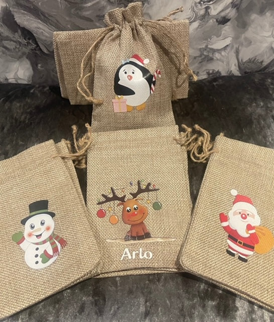 Personalised Christmas Character Jute Mini Drawstring Gift Bags