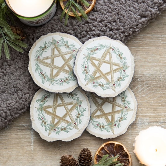 Set of Four Wooden Log Effect Winter Solstice Drink Coasters