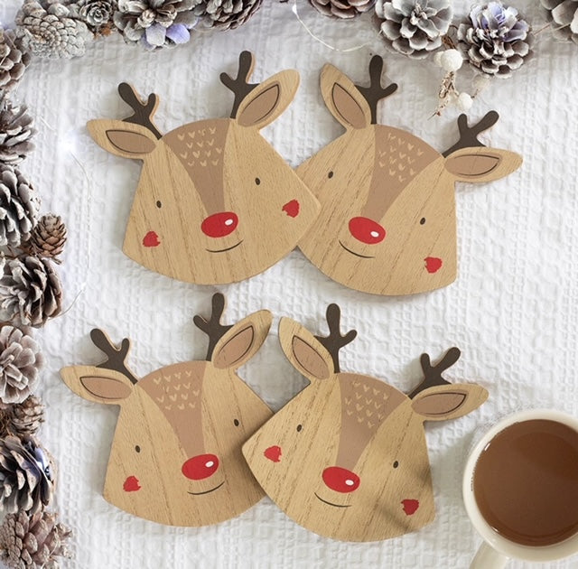 Set of Four Wooden Reindeer Festive Drink Coasters