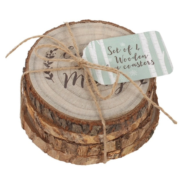 Set of Four Wooden Log Effect Eat, Drink & Be Merry Drink Coasters