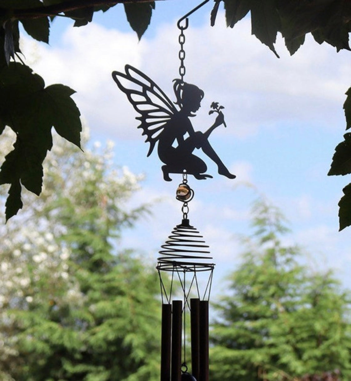 Fairy Silhouette Design Black Wind-chime With Crystal Dropper