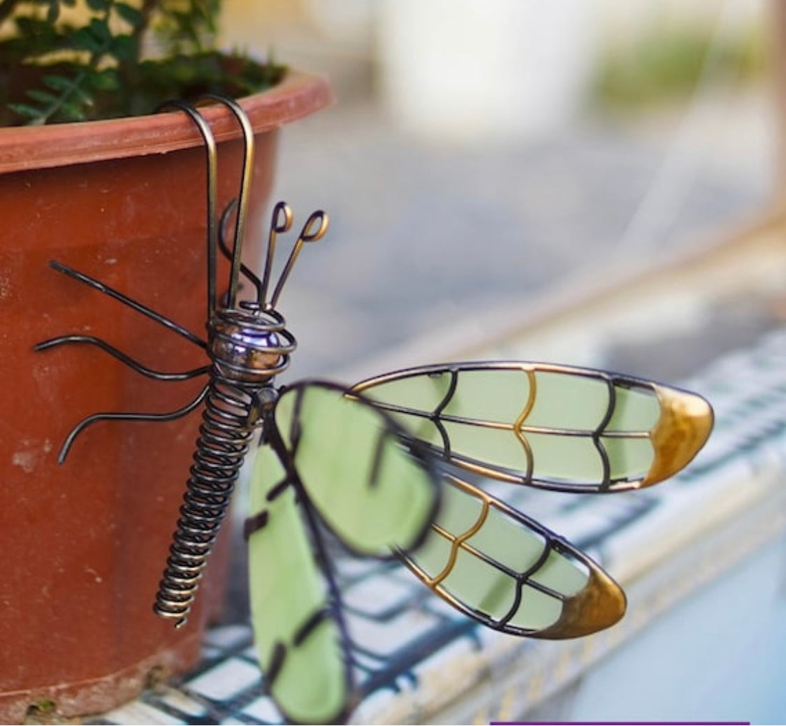 Glow In The Dark Glass Wing Butterfly Or Dragonfly Decorative Plant Pot Hangers